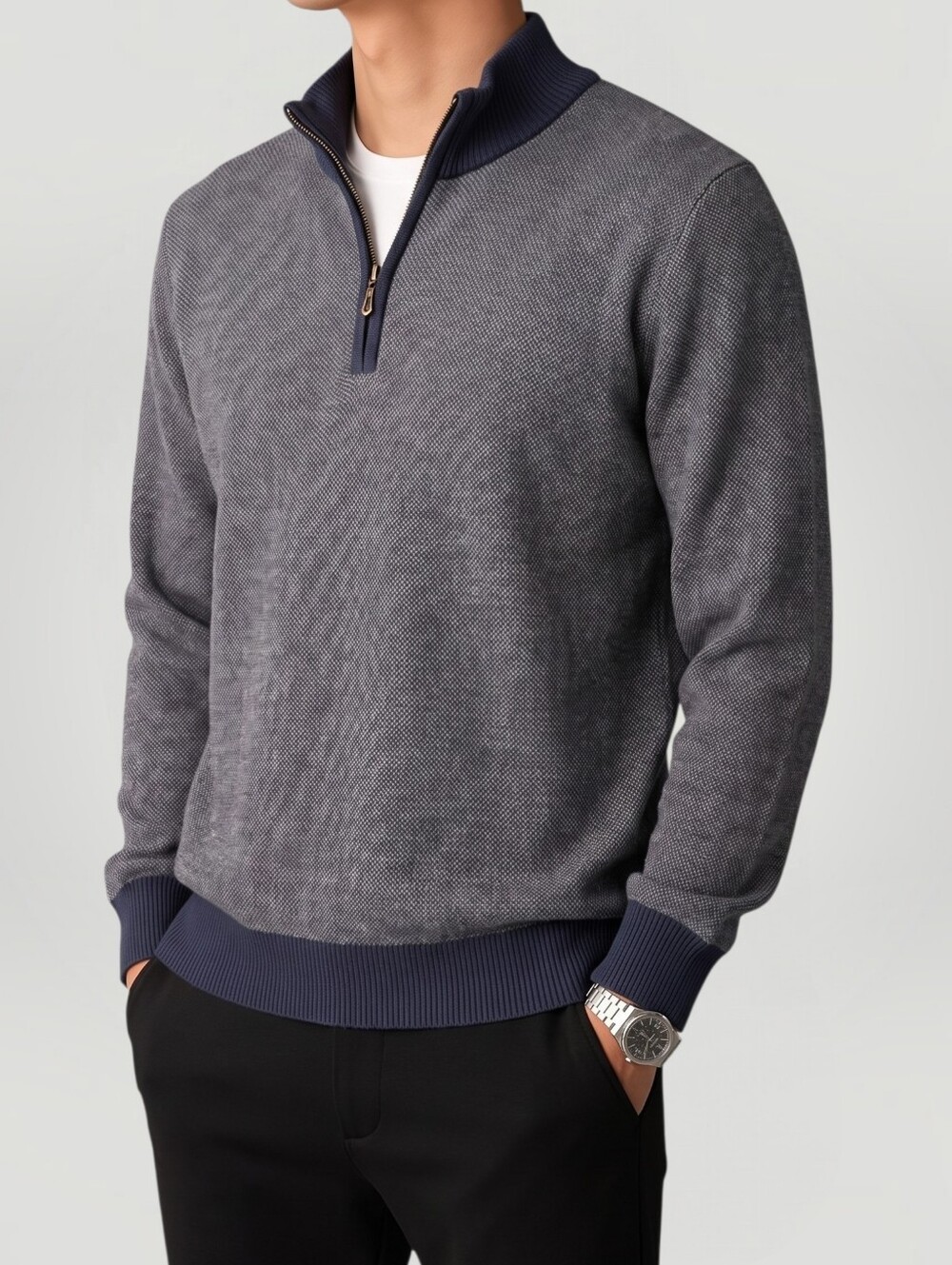 J. McLaughlin Men's Quarter Zip Sweater Gray Navy Cotton Modal Medium